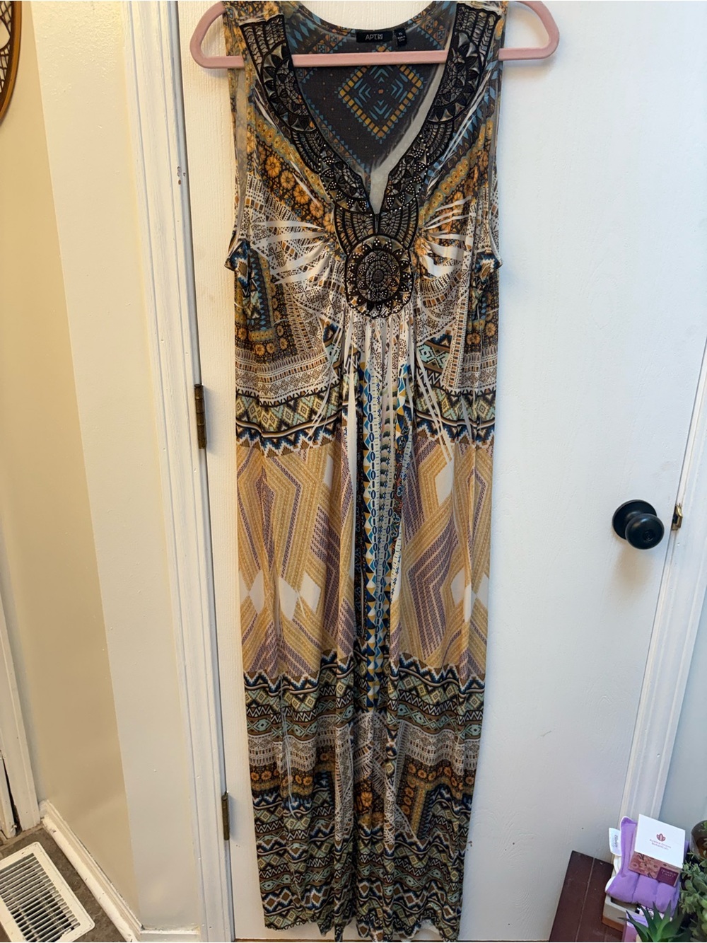 Apt. 9 Sleeveless Maxi Dress in Mustard, Teal & Black Geometric Print